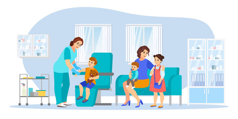 Mom with children makes vaccinations, vector illustration. Healthcare, infection prevention, family immunization concept