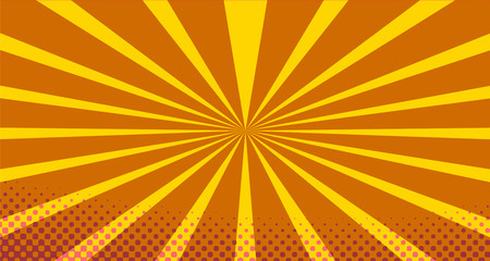Fototapeta premium Vintage colorful comic book background. Orange blank bubbles of different shapes. Rays, radial, halftone, dotted effects. For sale banner empty Place for text 1960s. Copy space vector eps10.