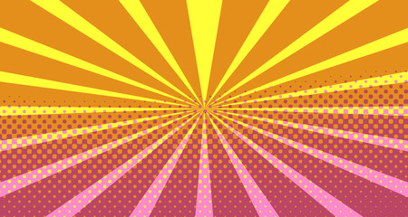 Vintage colorful comic book background. Orange blank bubbles of different shapes. Rays, radial, halftone, dotted effects. For sale banner empty Place for text 1960s. Copy space vector eps10.