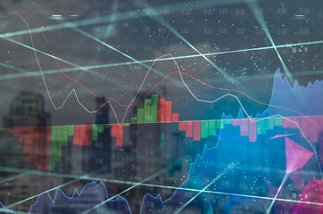 Stock market digital graph chart on LED display concept. A large display of daily stock market price and quotation. Indicator financial forex trade education background.