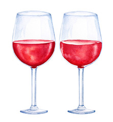 Watercolor illustartion of two glasses with red wine