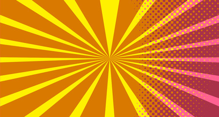 Fototapeta premium Vintage colorful comic book background. Orange blank bubbles of different shapes. Rays, radial, halftone, dotted effects. For sale banner empty Place for text 1960s. Copy space vector eps10.