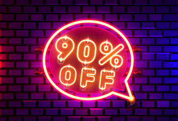 Neon chat frame 90 off text banner. Night Sign board.