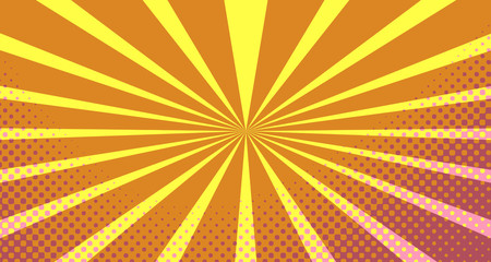 Obraz premium Vintage colorful comic book background. Orange blank bubbles of different shapes. Rays, radial, halftone, dotted effects. For sale banner empty Place for text 1960s. Copy space vector eps10.