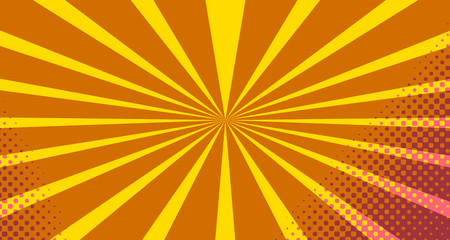 Obraz premium Vintage colorful comic book background. Orange blank bubbles of different shapes. Rays, radial, halftone, dotted effects. For sale banner empty Place for text 1960s. Copy space vector eps10.