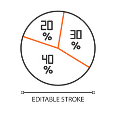 Pie diagram linear icon. Round chart with segments. Circle infographic. Business. Finance. Targeting. Thin line illustration. Contour symbol. Vector isolated outline drawing. Editable stroke