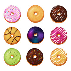 Collection of delicious donuts on white background. Cartoon style. Vector illustration. Isolated on white. Object for packaging, advertisements, menu. Sweet food. Dessert meal.