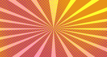 Obraz premium Vintage colorful comic book background. Orange blank bubbles of different shapes. Rays, radial, halftone, dotted effects. For sale banner empty Place for text 1960s. Copy space vector eps10.