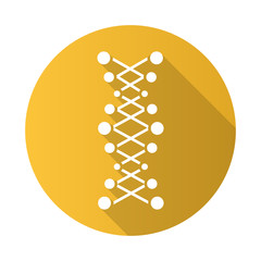 DNA double helix yellow flat design long shadow glyph icon. Connected dots, lines. Deoxyribonucleic, nucleic acid. Chromosome. Molecular biology. Genetic code. Genetics. Vector silhouette illustration