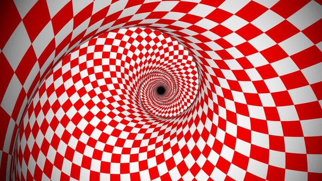 A mesmerizing 3d rendering of an optical illusion created by red and white squares looking like a tunnel from chessboards creating the mood of magic and art.