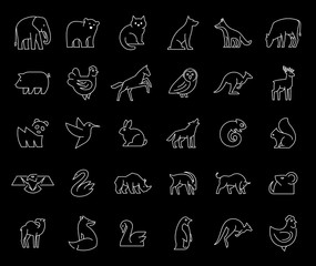 Linear collection of Animal icons. Animal icons set. Isolated on Black background