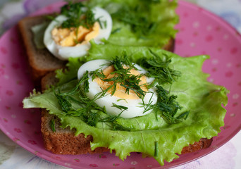 Black bread sandwiches with greens and egg on a pink plate