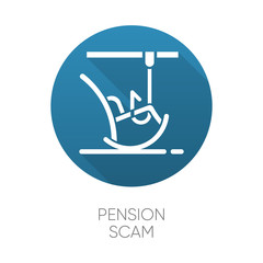 Pension scam blue flat design long shadow glyph icon. Retirement savings theft. Fake investment offer. Crime against elderly. Cold calling. Phishing. Financial fraud. Vector silhouette illustration