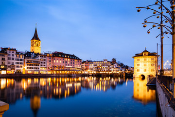 scenic view of historic Zurich city center with famous Fraumunster and Grossmunster Churches and river Limmat at Lake Zurich, Canton of Zurich, Switzerland