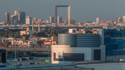 The rhythm of Dubai at sunset day to night transition aerial timelapse