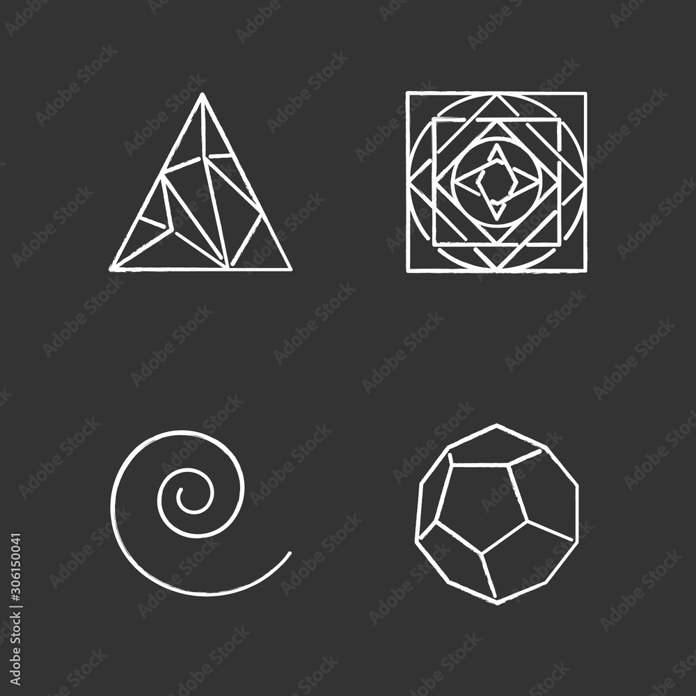 Poster geometric figures chalk icons set. polygonal triangle. square with circle ornament. swirls, curved s