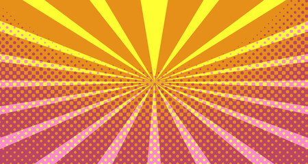 Vintage colorful comic book background. Orange blank bubbles of different shapes. Rays, radial, halftone, dotted effects. For sale banner empty Place for text 1960s. Copy space vector eps10.