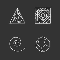 Geometric figures chalk icons set. Polygonal triangle. Square with circle ornament. Swirls, curved stokes. Abstract shapes. Dodecahedron. Isometric forms. Isolated vector chalkboard illustrations