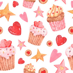 Seamless watercolor pattern with cute cupcakes, hearts, stars, sweets for Valentine's Day for holiday decoration, greeting cards, textile, scrapbook paper and wrapping paper, souvenirs and design.