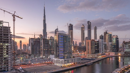 Dubai skyline at sunset aerial timelapse