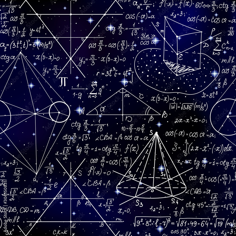 Wall mural scientific vector seamless background with handwritten math and physics formulas, figures and calcul