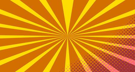 Vintage colorful comic book background. Orange blank bubbles of different shapes. Rays, radial, halftone, dotted effects. For sale banner empty Place for text 1960s. Copy space vector eps10.