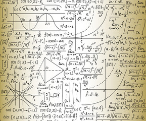 Scientific vector seamless pattern with mathematical and physical plots, calculations and formulas, "handwriten on the old paper" effect 