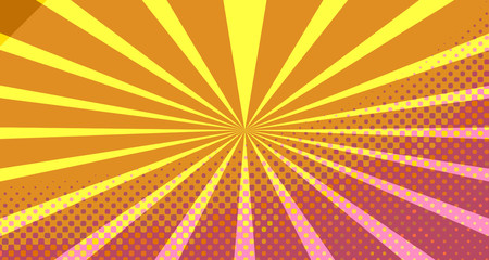 Obraz premium Vintage colorful comic book background. Orange blank bubbles of different shapes. Rays, radial, halftone, dotted effects. For sale banner empty Place for text 1960s. Copy space vector eps10.