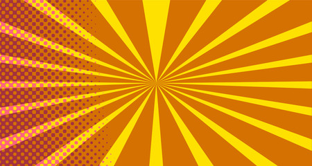 Fototapeta premium Vintage colorful comic book background. Pink Orange blank bubbles of different shapes. Rays, radial, halftone, dotted effects. For sale banner empty Place for text 1960s. Copy space vector eps10.