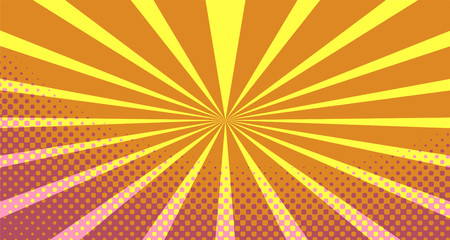 Fototapeta premium Vintage colorful comic book background. Pink Orange blank bubbles of different shapes. Rays, radial, halftone, dotted effects. For sale banner empty Place for text 1960s. Copy space vector eps10.