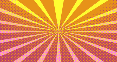 Obraz premium Vintage colorful comic book background. Pink Orange blank bubbles of different shapes. Rays, radial, halftone, dotted effects. For sale banner empty Place for text 1960s. Copy space vector eps10.