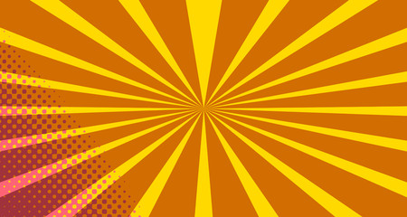 Fototapeta premium Vintage colorful comic book background. Pink Orange blank bubbles of different shapes. Rays, radial, halftone, dotted effects. For sale banner empty Place for text 1960s. Copy space vector eps10.