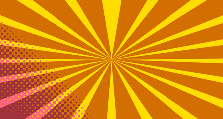 Fototapeta premium Vintage colorful comic book background. Pink Orange blank bubbles of different shapes. Rays, radial, halftone, dotted effects. For sale banner empty Place for text 1960s. Copy space vector eps10.