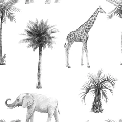 Tapeten Nahtlose Muster des Aquarellvektors mit Safaritieren und Palmen. Elefant Giraffe. © zenina