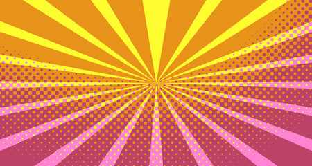 Obraz premium Vintage colorful comic book background. Pink Orange blank bubbles of different shapes. Rays, radial, halftone, dotted effects. For sale banner empty Place for text 1960s. Copy space vector eps10.