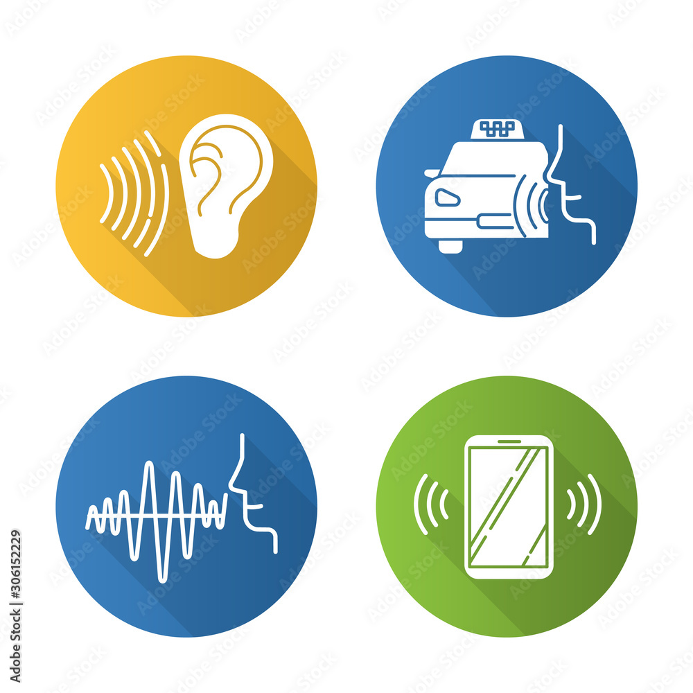 Poster speech recognizing flat design long shadow glyph icons set. voice control idea. soundwave, voice com