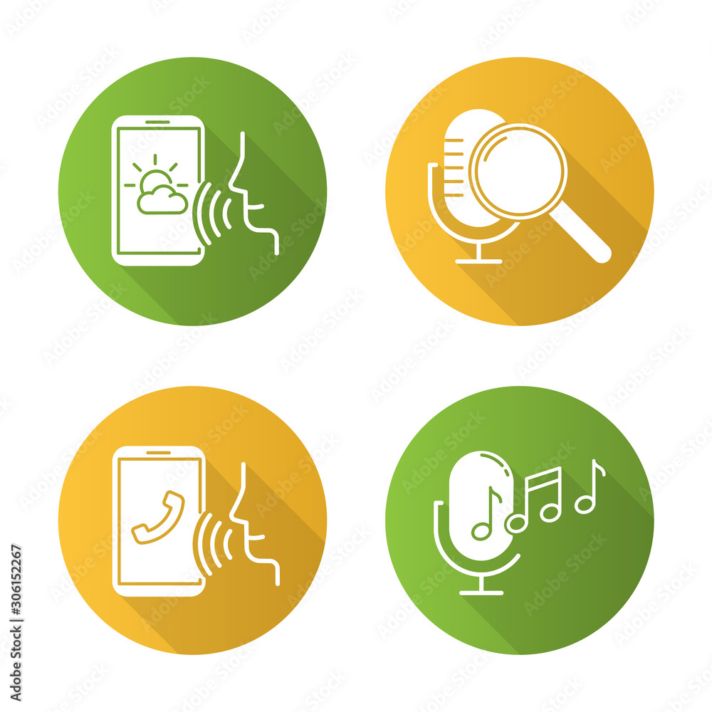 Poster sound request flat design long shadow glyph icons set. voice control system idea. speech recognition