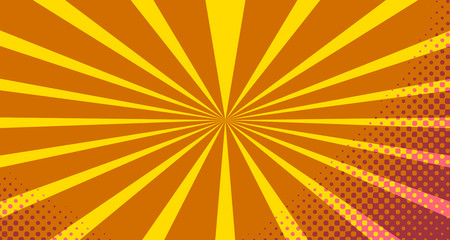 Fototapeta premium Vintage colorful comic book background. Pink Orange blank bubbles of different shapes. Rays, radial, halftone, dotted effects. For sale banner empty Place for text 1960s. Copy space vector eps10.