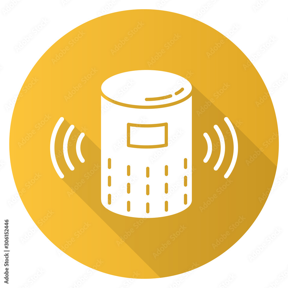 Poster yellow modern smart speaker flat design long shadow glyph icon. voice command device idea. virtual a