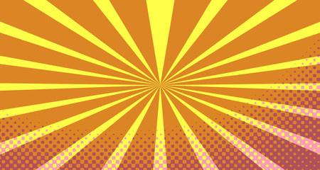 Vintage colorful comic book background. Pink Orange blank bubbles of different shapes. Rays, radial, halftone, dotted effects. For sale banner empty Place for text 1960s. Copy space vector eps10.