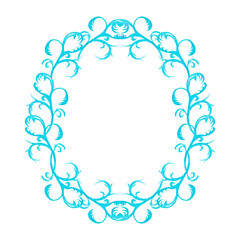 Symmetric elliptic frame of abstract artistic blue elements-monograms in frosty style. Watercolor hand painted elements isolated on white background.