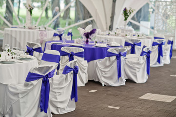 Beautiful wedding set decoration in the restaurant.