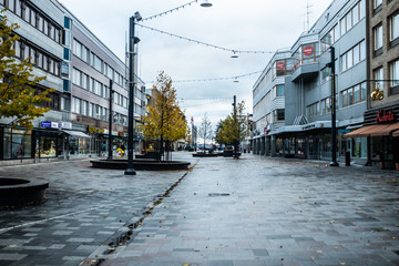 Kouvola, Finland - 12 October 2019: Street Manski at dark rainy autumn day