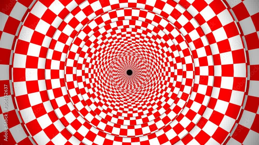 Poster an innovative 3d rendering of an optical illusion formed by red and white squares making a huge cubi