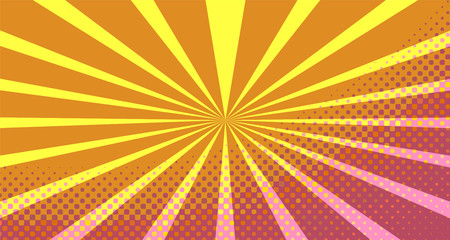 Fototapeta premium Vintage colorful comic book background. Pink Orange blank bubbles of different shapes. Rays, radial, halftone, dotted effects. For sale banner empty Place for text 1960s. Copy space vector eps10.