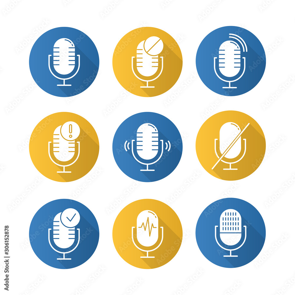 Poster microphone connection problem flat design long shadow glyph icons set. sound recorders idea. connect