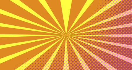 Vintage colorful comic book background. Pink Orange blank bubbles of different shapes. Rays, radial, halftone, dotted effects. For sale banner empty Place for text 1960s. Copy space vector eps10.