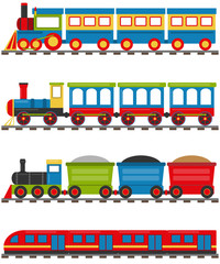Cartoon train with carriages. A cartoon railway with a locomotive and wagons. Vector illustration of a cartoon