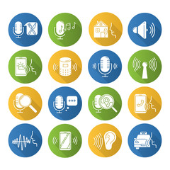 Voice control flat design long shadow glyph icons set. Sound request idea. Speech recognition process. Microphone using modes. Remote controlled apps. Vector silhouette illustration