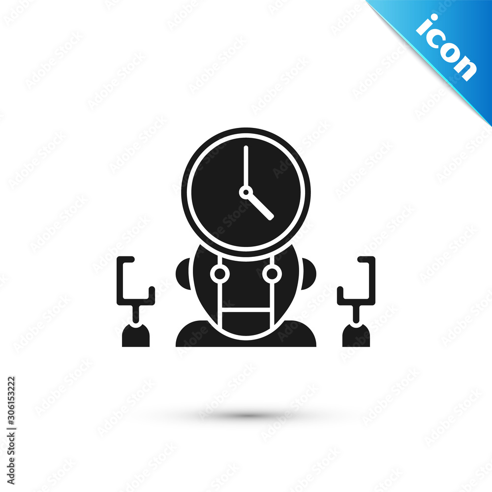 Poster black robot and digital time manager icon isolated on white background. time management assistance, 